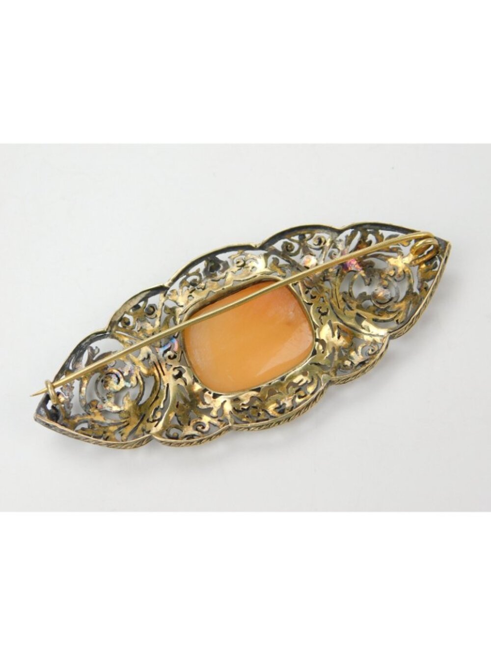 Antique 14k Gold 3.25" Filigree Floral Carved Shell Landscape Cameo Brooch Pin - Picture 6 of 16
